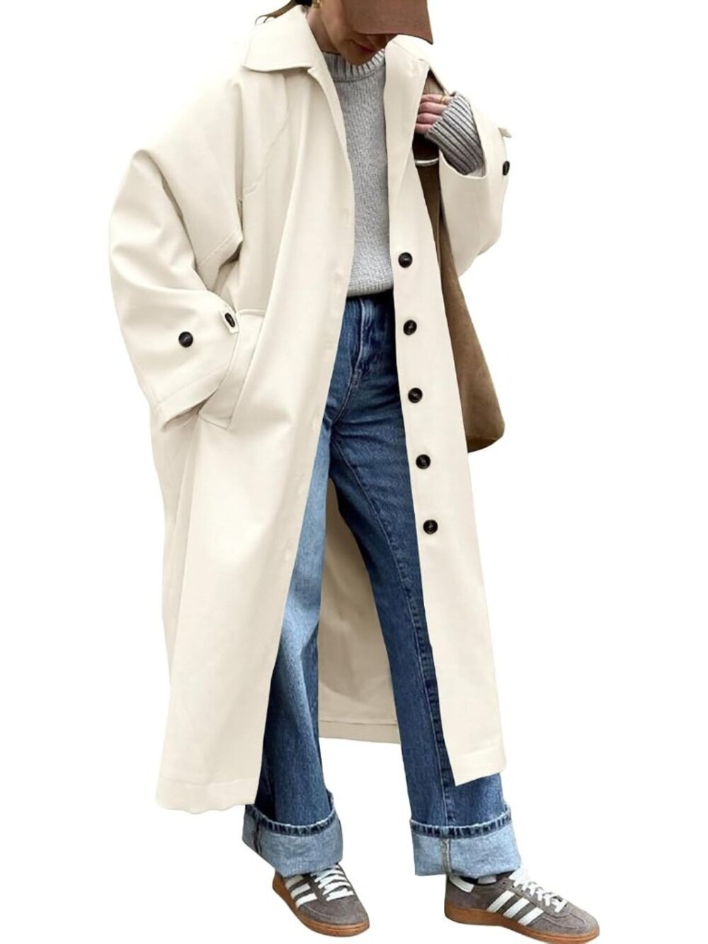 Women's Cream Oversized Windproof Single-Breasted Lapel Fall Duster Trench Coat